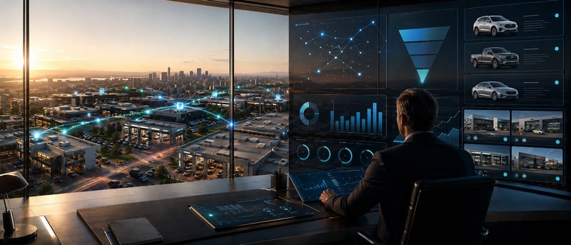 Executive fixed-operations command center overlooking connected dealership service rooftops, with a leader monitoring vehicle recall opportunities, service progress, and performance dashboards across multiple locations.