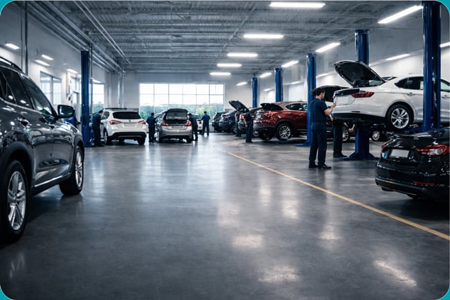 Modern automotive service bay with multiple vehicles on hydraulic lifts and several technicians actively performing maintenance under bright industrial lighting.