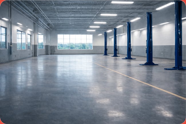 Clean and empty automotive service bay with blue hydraulic lifts, polished concrete floors, and bright overhead lighting inside a modern repair facility.
