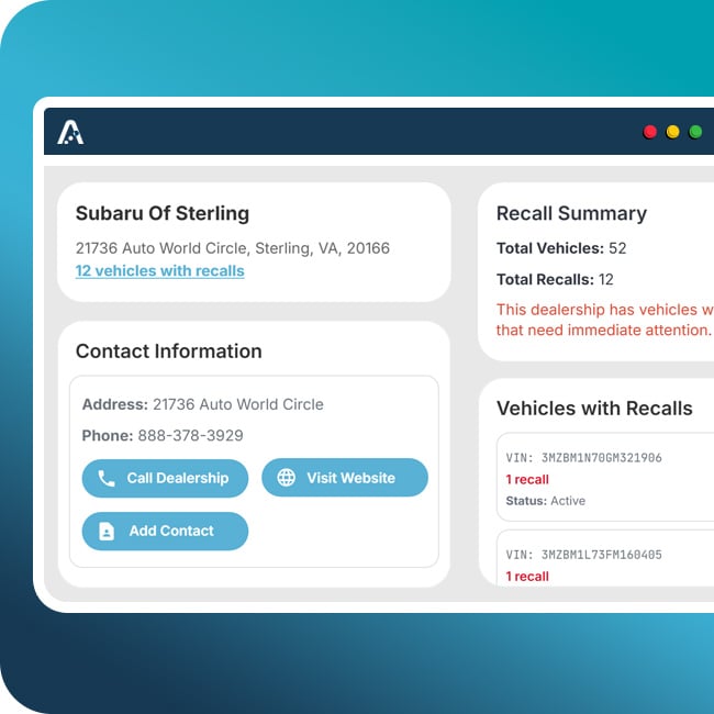 Dealer outreach detail view showing recall summary, contact information, and vehicles with active recalls